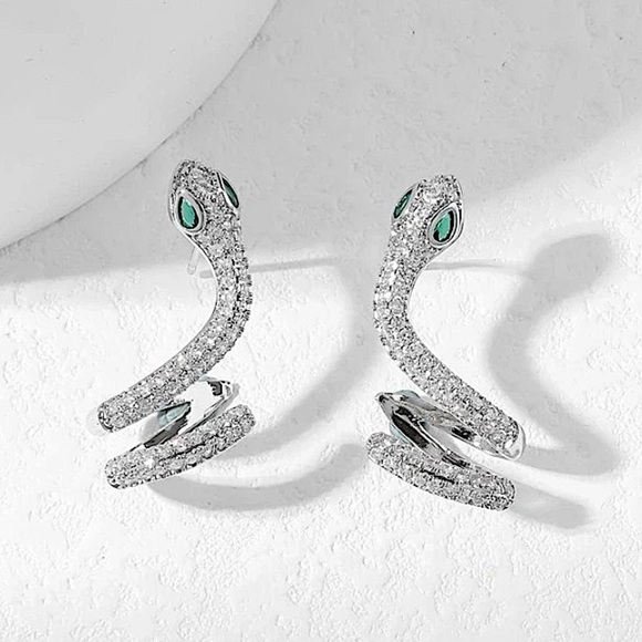 White Gold Snake Zircon Earrings Creative Design Trendy - Picture 2 of 4
